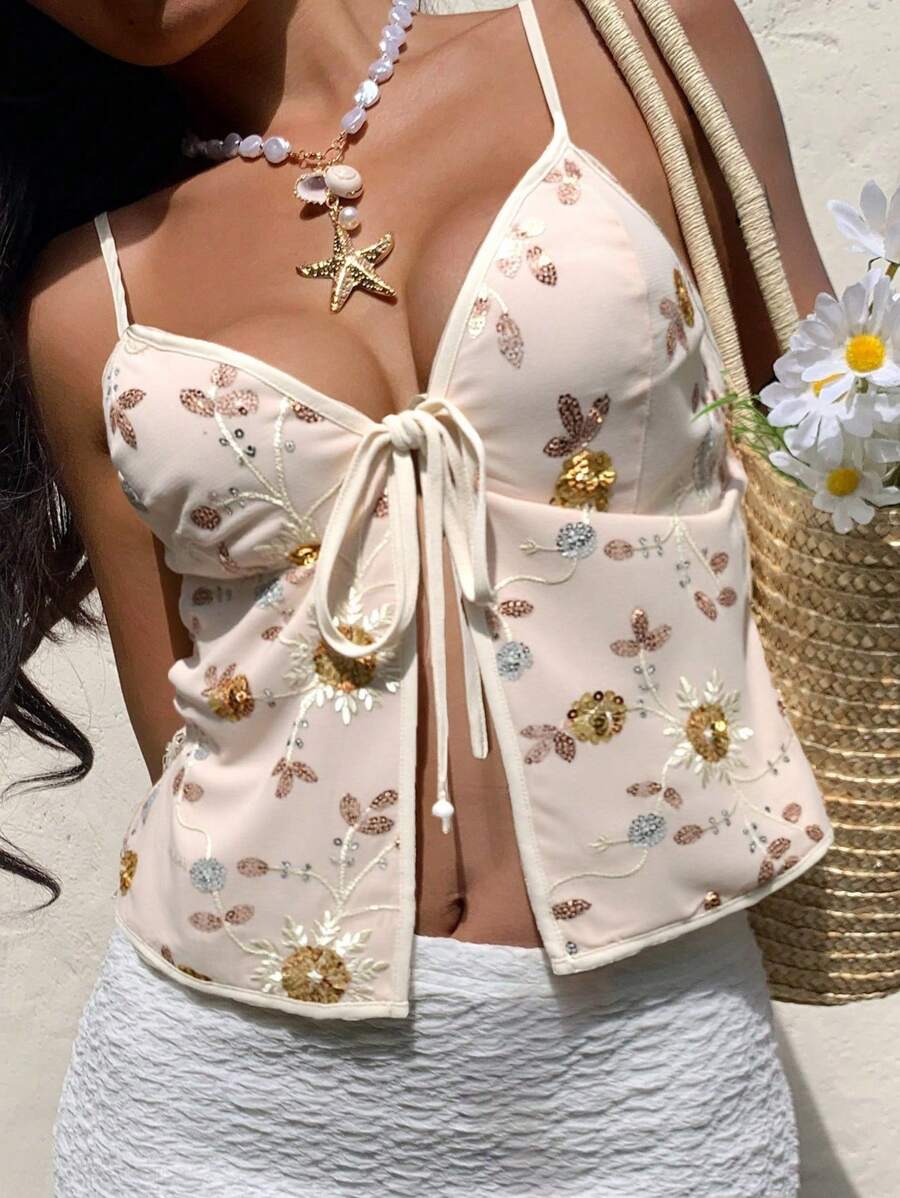 Serisse Áo ba lỗ thêu sequin mới cho nữ, trang phục lễ hội Rave, trang phục Ibiza, áo đính cườm, áo hai dây hở lưng bãi biển Boho, làm bằng vải đính cườm đặc biệt cho mùa hè - Màu be - Xem 1