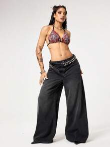 ROMWE Grunge Punk Punk Post-Apocalyptic Cross & Vine Distressed Wash Extra Loose Straight Leg Extra-Long Denim Trousers