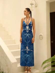 Sunsella Robe maxi ajustée avec lanières croisées imprimée, pour l'été, tenue sexy de femme pour vacances