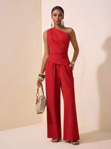 Zivah 2025 Sommer Neuer Stil Musikfestival Ostern Muttertag Hochzeit Geburtstag Party Täglicher Ausgang Grundlegend und vielseitig Lässig Internet-Star Heißer Stil Elegante Pendler Business Lässig Asymmetrischer Saum Frauen Top und Gerade Hose Khaki Frauen Zweiteiler Set Einschultrig Jumpsuit Einschultrig Roter Jumpsuit Rote Weite Bein Jumpsuit