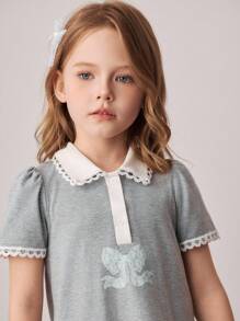 PrepCrw Vestido de manga corta hasta la rodilla con cuello a medias con bloque de colores y decoración de lazo para niñas jóvenes