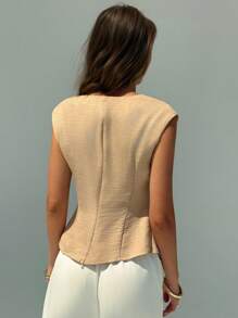 Aloruh New Minimalist Apricot V-Neck Sleeveless Gathered Waist Slim Fit Pullover Blouse, Versatile Commuter Style