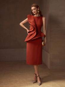 MOTF PREMIUM 层叠荷叶边饰拉链后开衩下摆中长连衣裙 - 酒紅色 - 查看 4