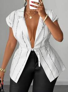 Maweii Plus Size Women Striped Distressed Lapel Waist Buckle Design Thin Blazer Jacket - White - View 1