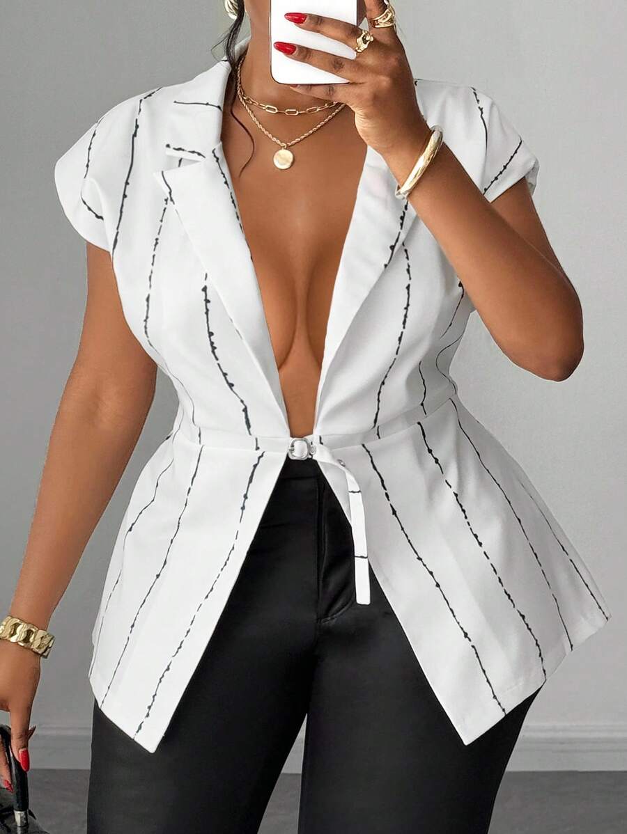 Maweii Plus Size Women Striped Distressed Lapel Waist Buckle Design Thin Blazer Jacket - White - View 1