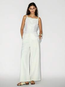 Lumivelle 女士亚麻吊带背心，方领，正面纽扣，弧形下摆，夏季 - 白色 - 查看 5