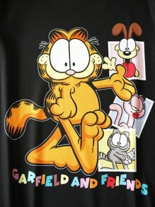GARFIELD | SHEIN 青少年女孩休闲卡通图案黑色短袖透气夏装 - 黑色 - 查看 5