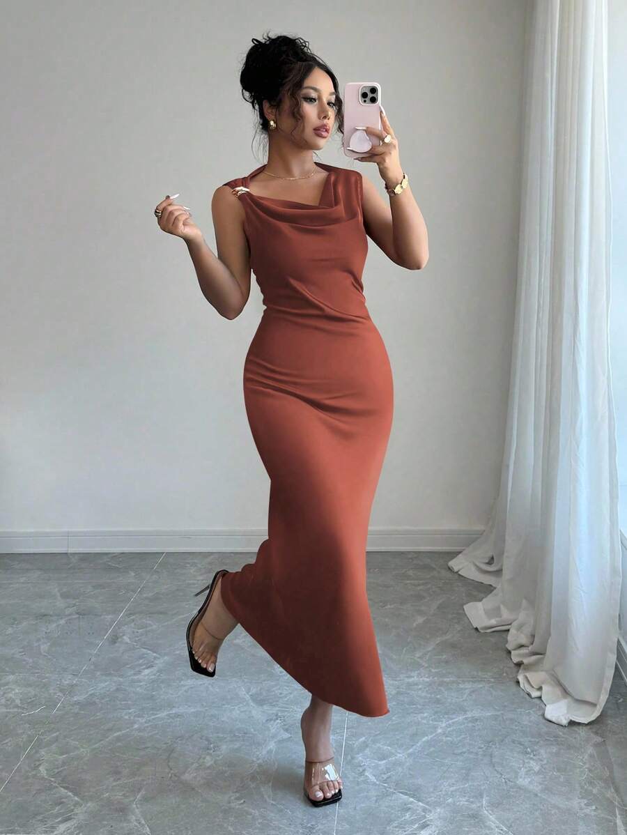 Elenzga Đầm dài không tay màu trơn thanh lịch, mùa hè - Rỉ Nâu - Xem 1