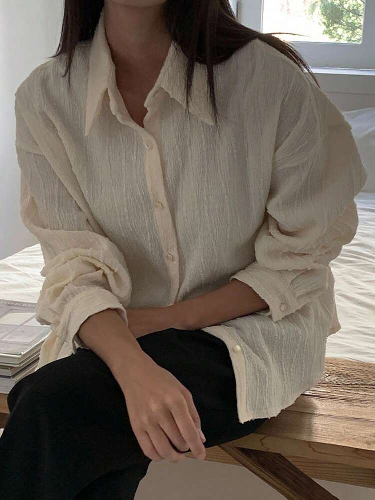 Women's Solid Color Front Button Long Sleeve Casual Blouse, Summer