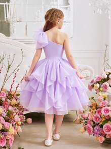 SHEIN Tween Girl Exaggerated Ruffled One Shoulder Big Bow Organza Dress