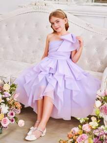 SHEIN Tween Girl Exaggerated Ruffled One Shoulder Big Bow Organza Dress