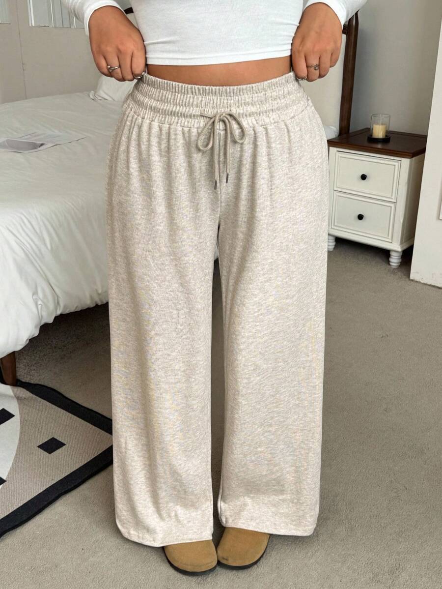 SHEIN EZwear 大码女式纯色抽绳腰阔腿休闲运动裤 - 杏色 - 查看 1
