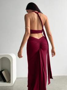 Aloruh Women's Elegant Sexy Deep V Chest Detail Open Back Ruched Skirt Beach Vacation 2pcs Set - Burgundy - View 8