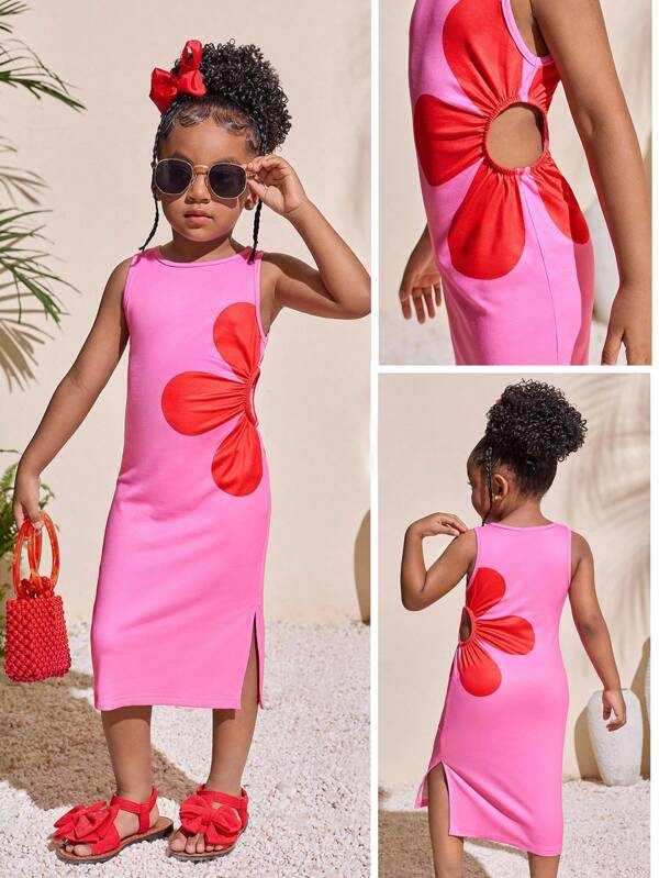 Young Girl Tropical Style Fuchsia Round Neck Waist Cutout A-Line Dress