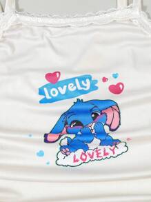 Conjunto de lencería de 2 piezas con camisa de tirantes de encaje de punto y shorts con volantes estampados con conejitos azules lindos para niñas mayores, para primavera/verano
