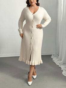 Firerie Plus Size Women Apricot V-Neck Ruffled Hem Knitted Dress, New Autumn/Winter Style