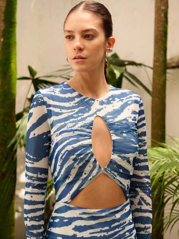 Sunsella Vestido largo de verano entallado para mujer con mangas largas, estampado de malla y recortes sexy