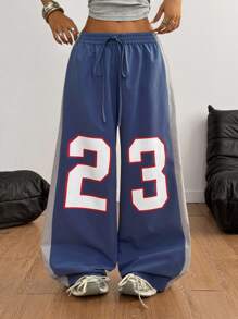 Coolane 女士数字印花腰带宽松阔腿裤 - 藍色 - 查看 3