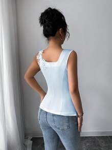 Elenzga Women's Elegant Satin Sleeveless Asymmetrical Lace Trim Camisole Tank Tops, Suitable For Casual Daily Life, Parties And Gatherings - Baby Blue - View 2