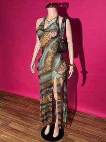 Slaydiva 2025 Frühlings-/Sommer Neues Boho Musikfestival, Ostern, Western, nomadischer Stil langes Kleid für Geburtstagsparty, Abschluss, Studenten Alltag, Lässig, Urlaub, Kreuzfahrt, Strand, Sonnenanbetung, sexy grünes Tierdruck Mesh trägerloses rückenfrei High Slit Maxikleid für Damen