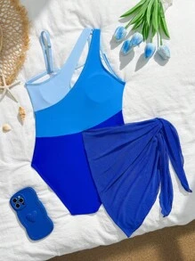 Tween Girls' Summer Beach Vacation Style Splice Printed Asymmetrical Neck One-Piece Swimsuit - Multicolor - View 5