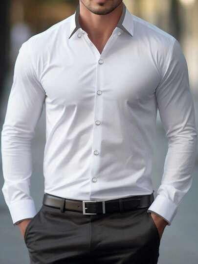 Manfinity Mode Men's Business Commuting All-Match Simple Solid Color Shirt White Dress Shirt Men Business Casual Formal White Shirt, Fall, Long Sleeve Top