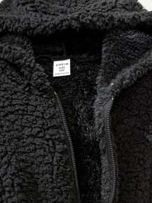 SHEIN Tween Girl 休闲街头时尚舒适双面羊毛拉链连帽短款无袖夹克，黑色