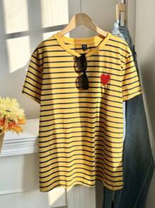 SHEIN EZwear Kaos Wanita Ukuran Besar Motif Hati & Garis-garis Leher Bulat Lengan Pendek, Untuk Musim Panas - Jahe - View 3