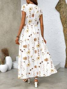SHEIN Belle Đầm Maxi In Hoa Cho Nữ Cổ V Sâu Eo Xếp Ly Đi Nghỉ Mùa Hè - Màu Khaki - Xem 2