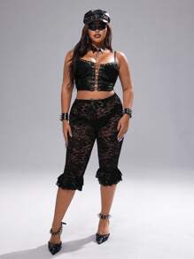 Whyspr Plus Size Women Elastic Waist Bow Lace Trim Hem Sheer Sexy Party Stylish Shorts - Black - View 5