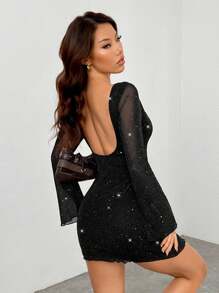 SHEIN PETITE 女士新款黑色亮片露背喇叭袖连衣裙，适合活动/约会的派对连衣裙 - 黑色 - 查看 6