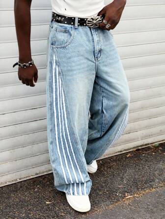 Street Life Men's Side Stripe Pocket Loose Fit Wide Leg Casual Jeans