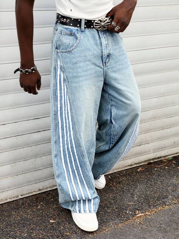 ROMWE MEN Street Life Men's Side Stripe Pocket Loose Fit Wide Leg Casual Jeans