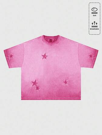 Grunge Punk Camiseta suelta de manga corta de cuello redondo de verano para hombres con bordado de estrellas lavada