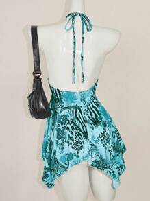 SHEIN ICON Áo hai dây hở lưng in họa tiết cổ điển dành cho nữ, áo cánh Y2k cổ chữ V phong cách Bohemian Beach Hippie Chic cho kỳ nghỉ hè - Màu xanh lam - Xem 2