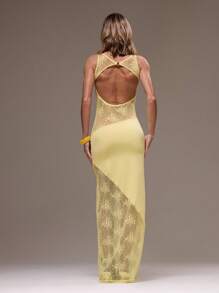 MUSERA 蕾丝拼接露背修身长裙，奶油黄，优雅场合：生日、度假、赛马会、派对、春夏长裙、毕业舞会 - 淡黃色 - 查看 2