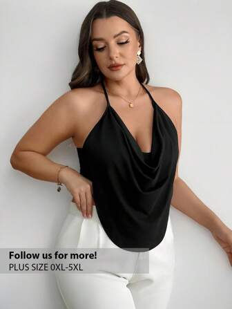 Firerie Blusa holgada y elegante de cuello halter negro y drapeado para mujer de talla extra