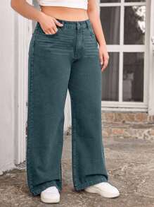 EURMUSE 100%Cotton Plus Solid Wide Leg Jeans - Teal Blue - View 4