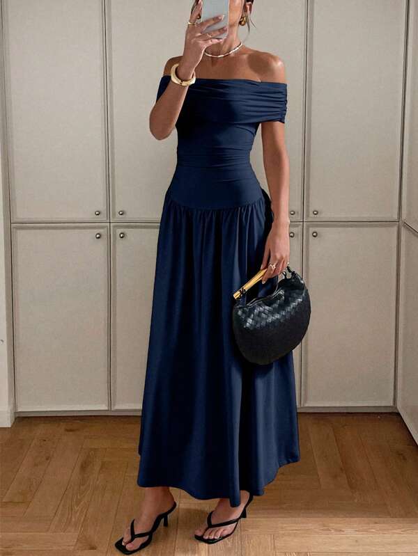 Siren Gaze Women's Elegant Solid Off Shoulder Long Dress Navy Blue Dress Off Shoulder Dress Ankle Length Dress Long Summer Dress,Wedding Guest Dress,Prom Dress,Fall Wedding Guest Dress Party Chic