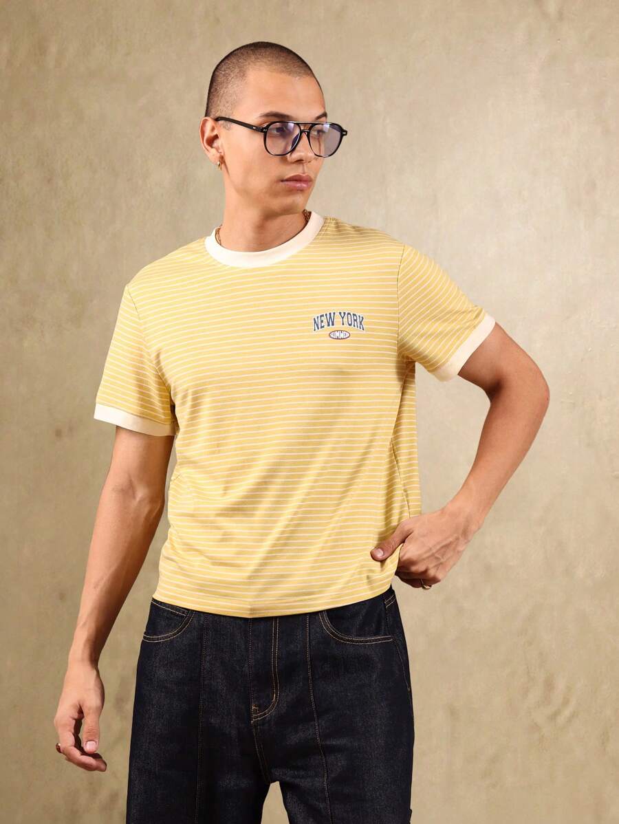 SUMWON 复古校园风格纽约林格 T 恤横条纹图案夏季休闲装周末基本街头服饰 - 黃色 - 查看 1