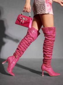 CUCCOO SZL Giày bốt cao đến đầu gối mũi nhọn màu hồng cánh sen đính đá hoàn toàn, gợi cảm, quyến rũ cho buổi biểu diễn, tiệc tùng, hộp đêm, giày cao gót - Màu Hồng Tươi - Xem 7