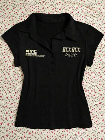 Rina Fox Women's Summer Letter Print Polo Collar Short Sleeve Casual T-Shirt