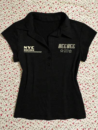 Rina Fox 女式夏季字母印花 Polo 领短袖休闲 T 恤