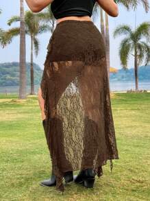 SHEIN EZwear Váy ren cao thấp cỡ lớn, thời trang, thích hợp cho buổi hòa nhạc lễ hội mùa hè - màu nâu - Xem 2