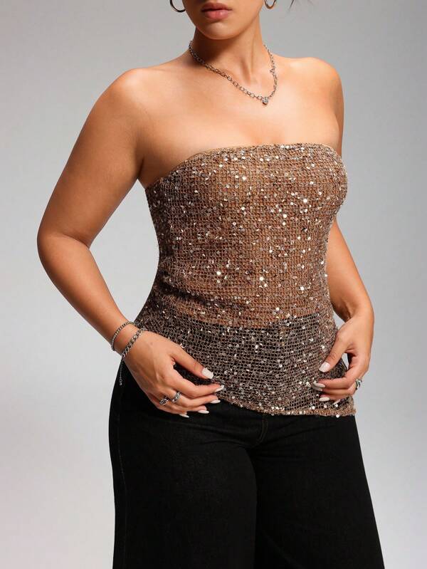 LYSMO Plus Size Women Sequin Bandeau Crop Top, Sexy Fitted,Club Outfits Women Sexy