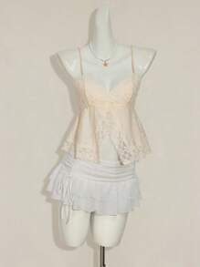 SHEIN ICON 女式花卉蕾丝开衩下摆吊带背心 - 卡其色 - 查看 10