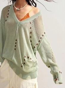 Bohemela 复古镂空刺绣落肩宽松针织毛衣西部复古乡村风度假夏/秋季绿色毛衣针织上衣毛衣上衣针织毛衣夏季毛衣秋季上衣 - 綠色 - 查看 2