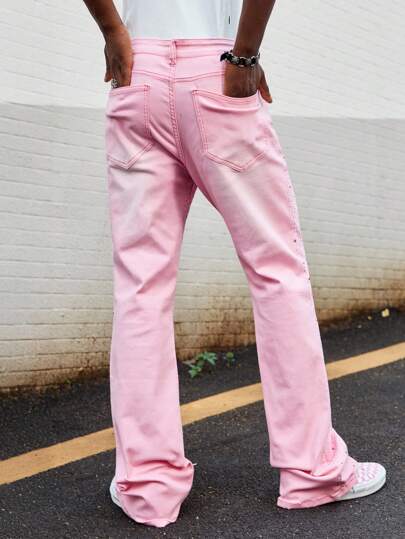 Street Life Jeans casuales rosas con piedras de rhinestone para hombre