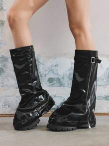 Sugerpunk Nuevos botines occidentales de plataforma y tacón grueso para otoño/invierno, botas cowgirl con caña, 5CM de moda con puntera redonda cómoda - Negro - Ver 4