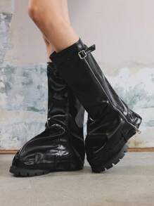 Sugerpunk Nuevos botines occidentales de plataforma y tacón grueso para otoño/invierno, botas cowgirl con caña, 5CM de moda con puntera redonda cómoda - Negro - Ver 5